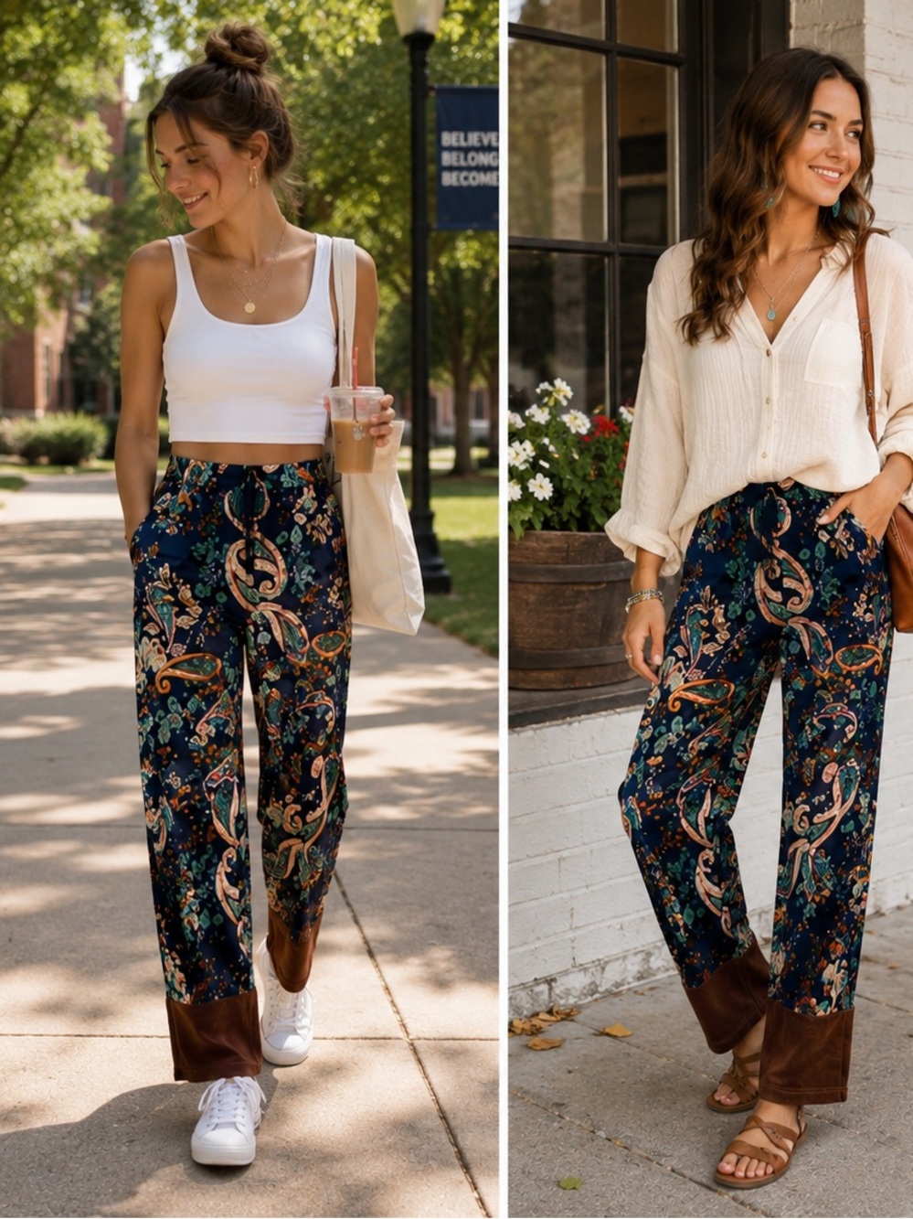 Umgee Paisley Velvet Trim Wide Leg Palazzo Pants NWT Size M Boho